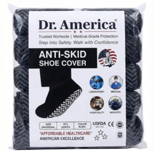 Dr. America® Anti-Skid Disposable Shoe Cover | 100 Pcs | Medical Grade | Non-Woven | Black | Universal Size | Slip Resistant for Hospital, Laboratory, Cleanroom, Industry & Home Use (Black)
